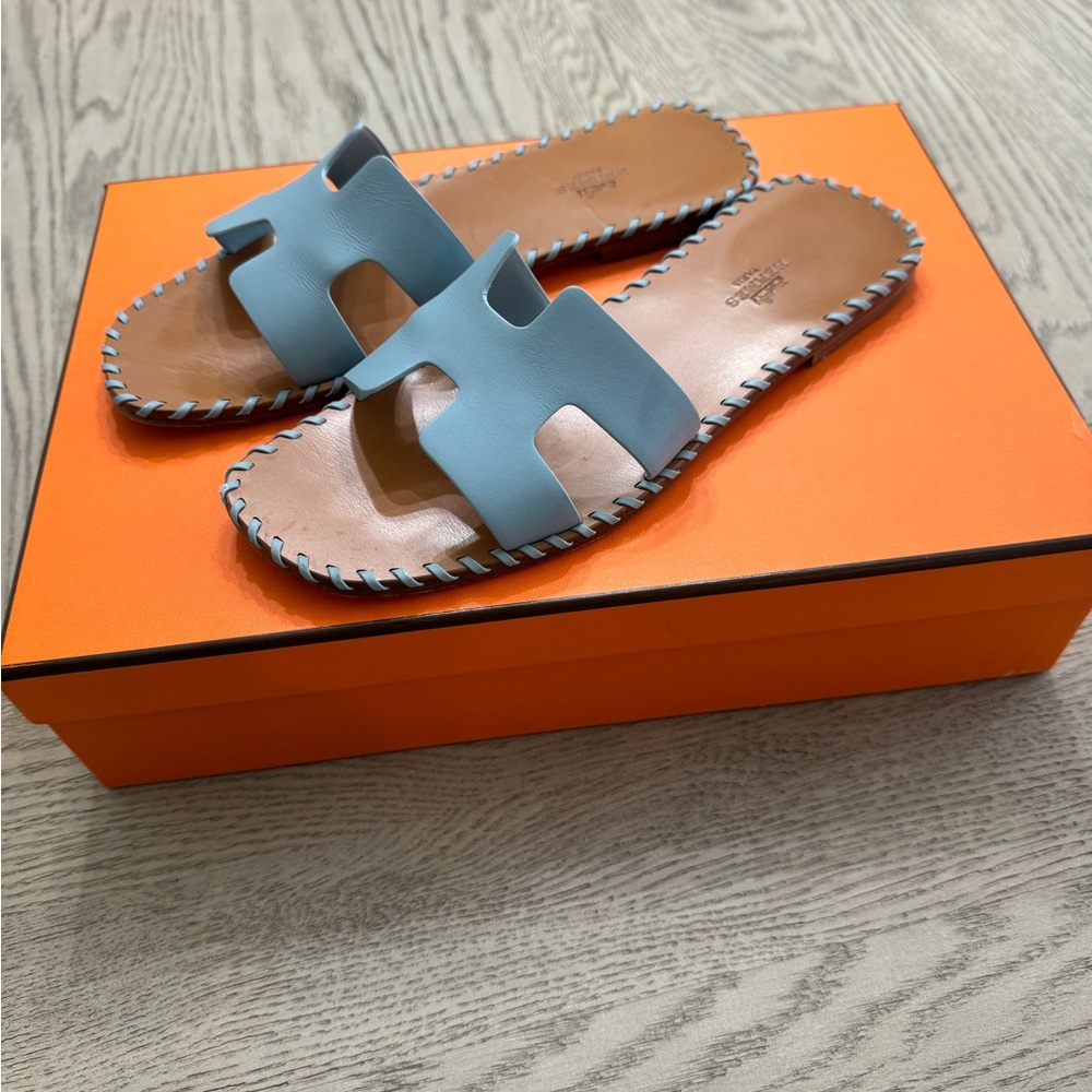 Hermes Blue Tan Oran Sandals Luxury Minimalist Design